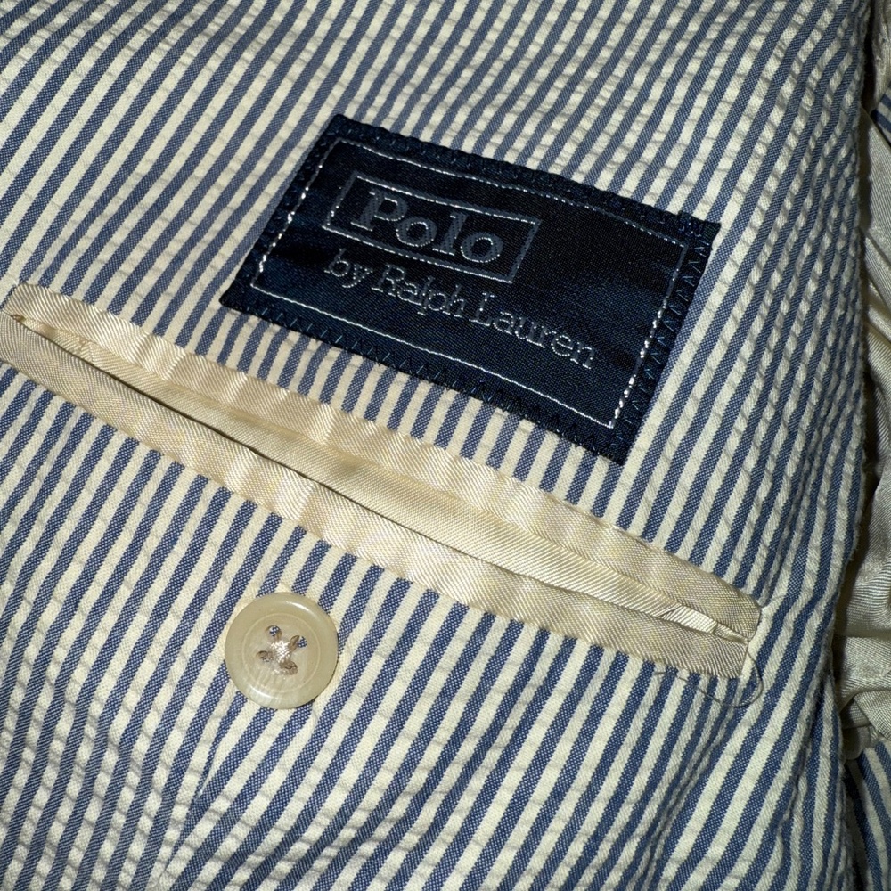 Polo Ralph Lauren Blazer Jacket Mens 42L White Blue Striped Seersucker Italy EUC - Picture 10 of 16